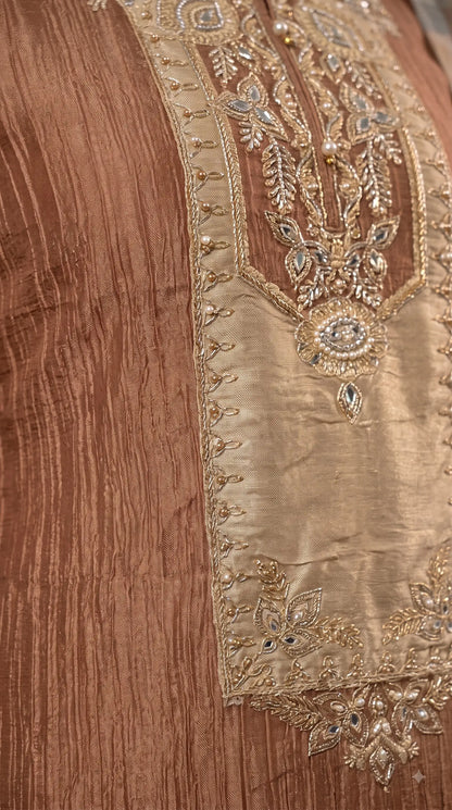 Premium Designer Caramel Bronze Soft Crush Suit with Pearl, Sequin & Intricate Embroidery Work