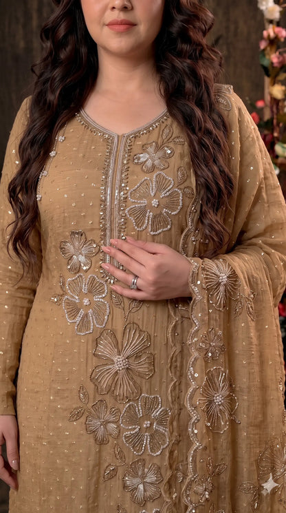 Premium Designer Antique Gold Soft Tissue Suit with Floral Pearl, Sequin & Bead Work