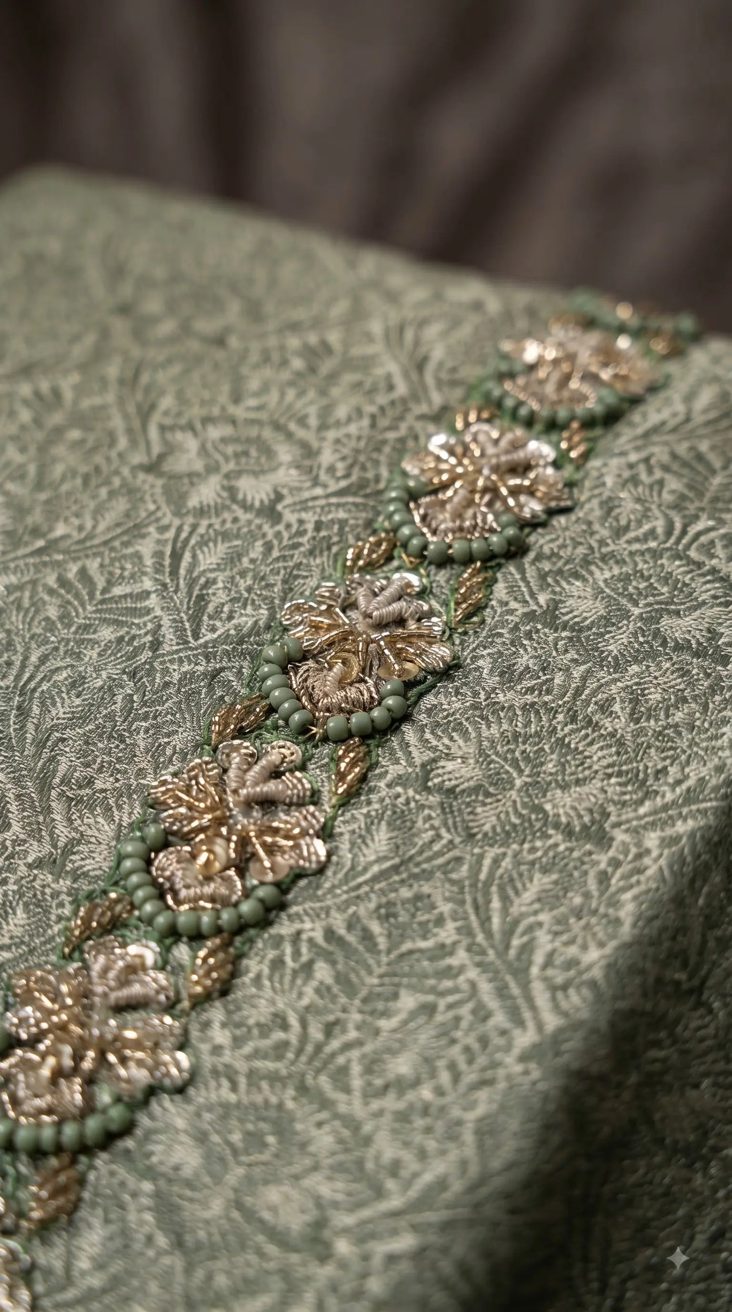 Premium Designer Sage Green Banarsi Suit with Floral Paisley Bead & Sequin Work
