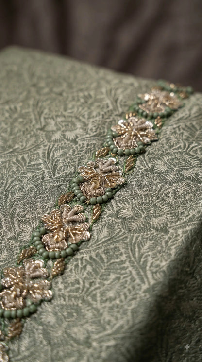 Premium Designer Sage Green Banarsi Suit with Floral Paisley Bead & Sequin Work