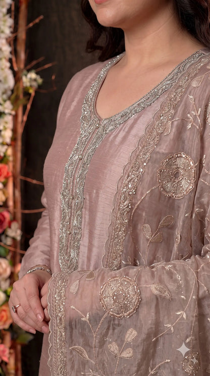 Premium Designer Dusty Pink-Taupe Taneria Suit with Floral Embroidery, Bead & Sequin Work