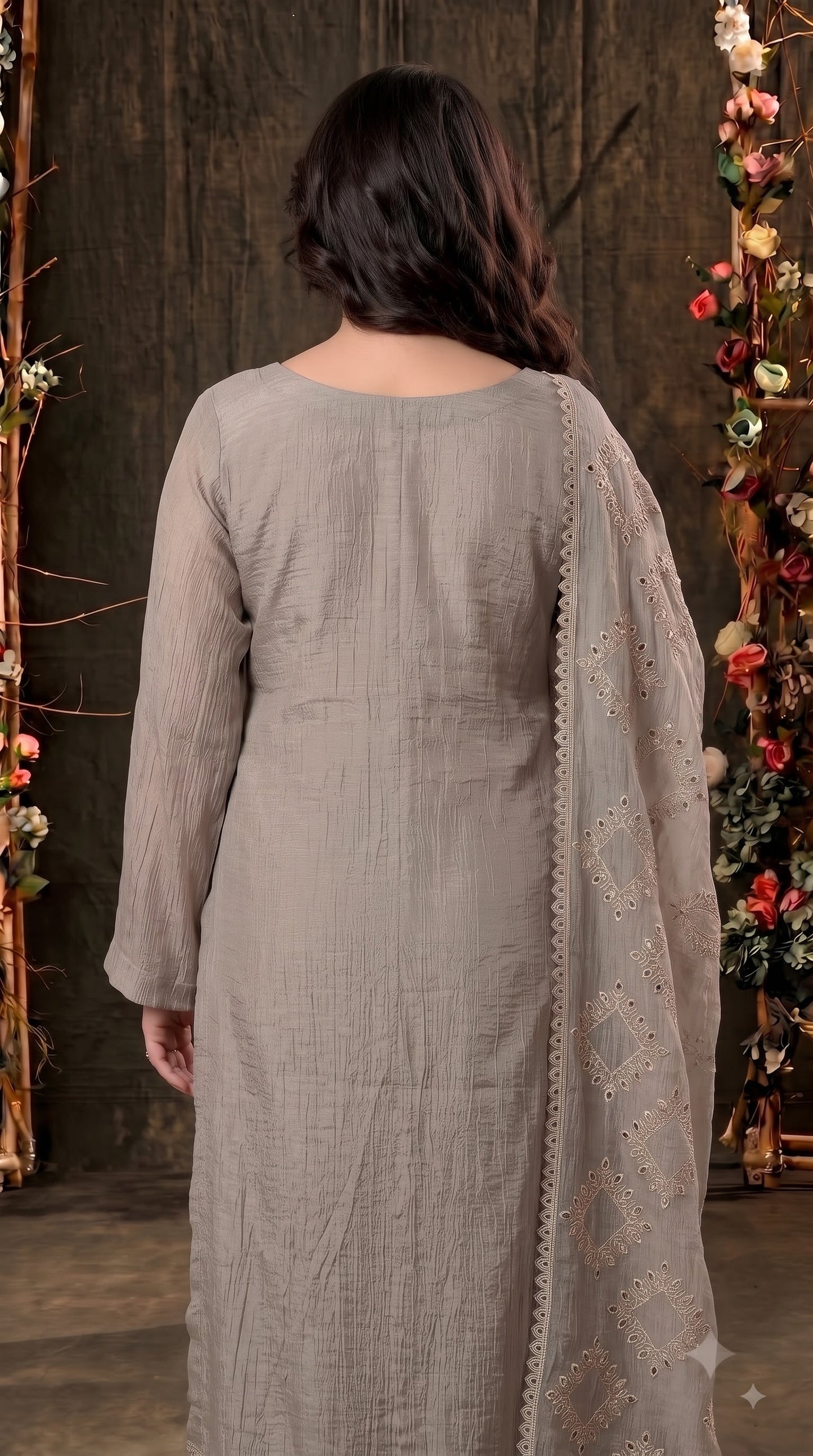 Premium Designer Taupe Grey Soft Crush Tissue Suit with Pearl, Sequin & Floral Embroidery Work