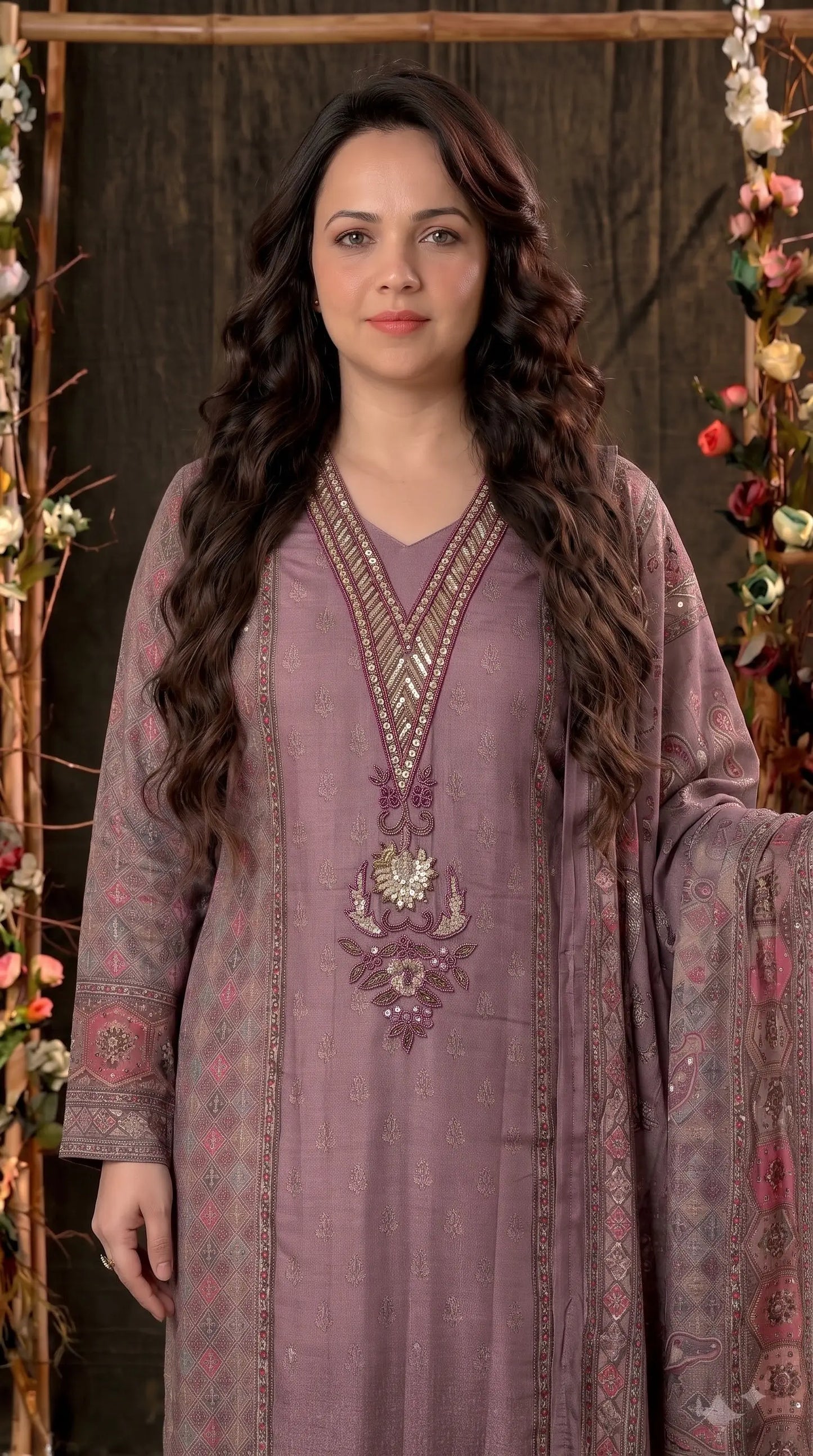 Premium Designer Dusty Purple Soft Tissue Suit with Pearl, Sequin & Stone Work