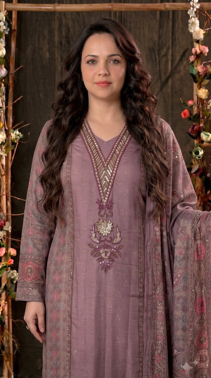 Premium Designer Dusty Purple Soft Tissue Suit with Pearl, Sequin & Stone Work