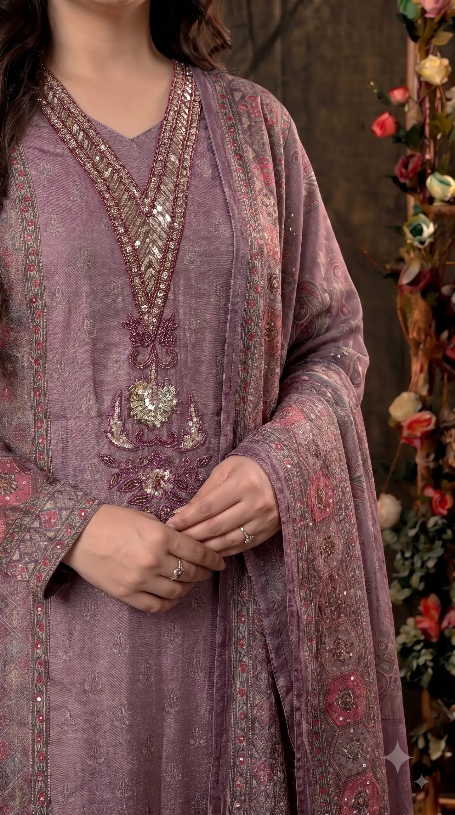 Premium Designer Dusty Purple Soft Tissue Suit with Pearl, Sequin & Stone Work