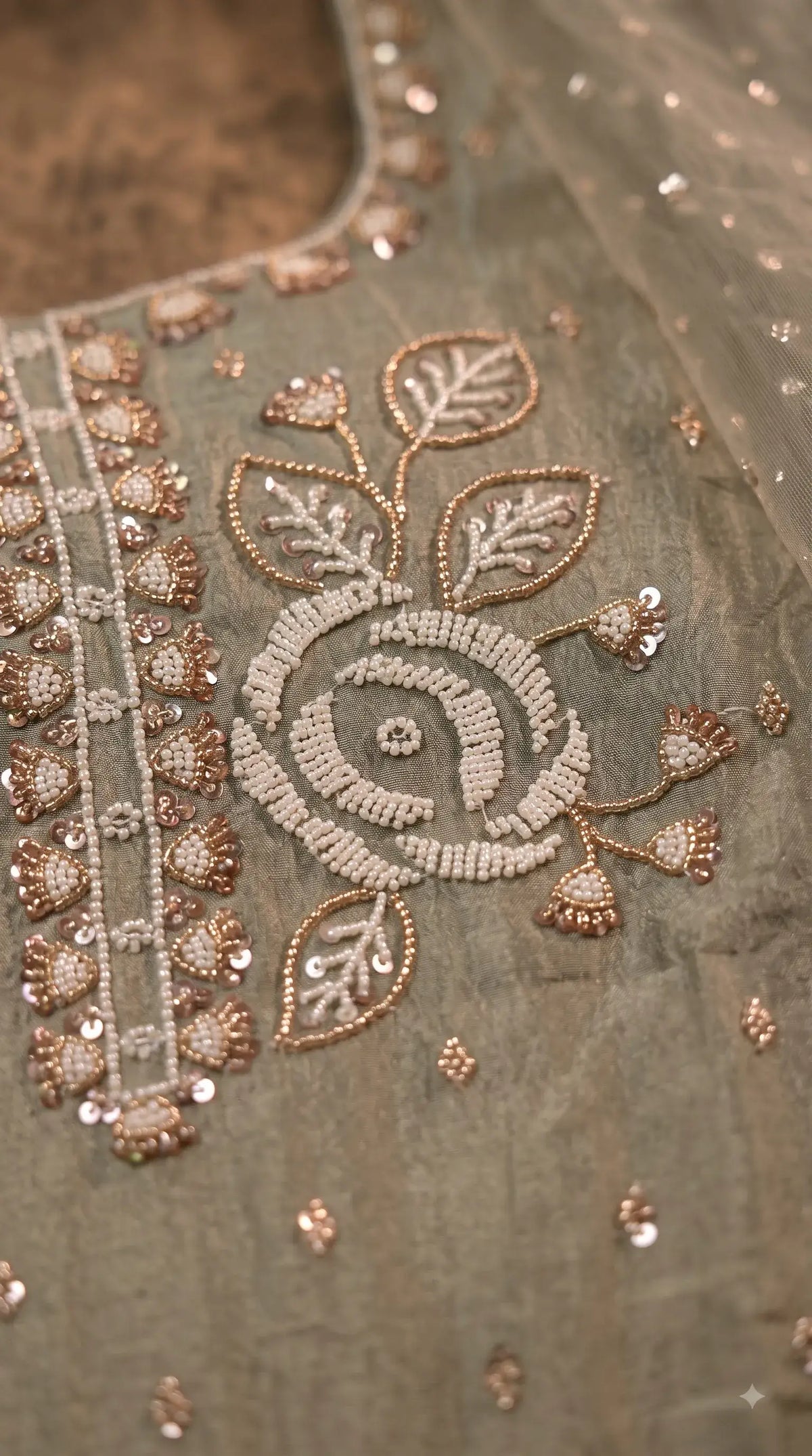 Premium Dusty Sage Green Soft Tissue Designer Suit with Pearl Work