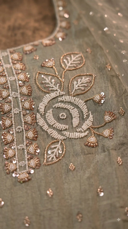 Premium Dusty Sage Green Soft Tissue Designer Suit with Pearl Work