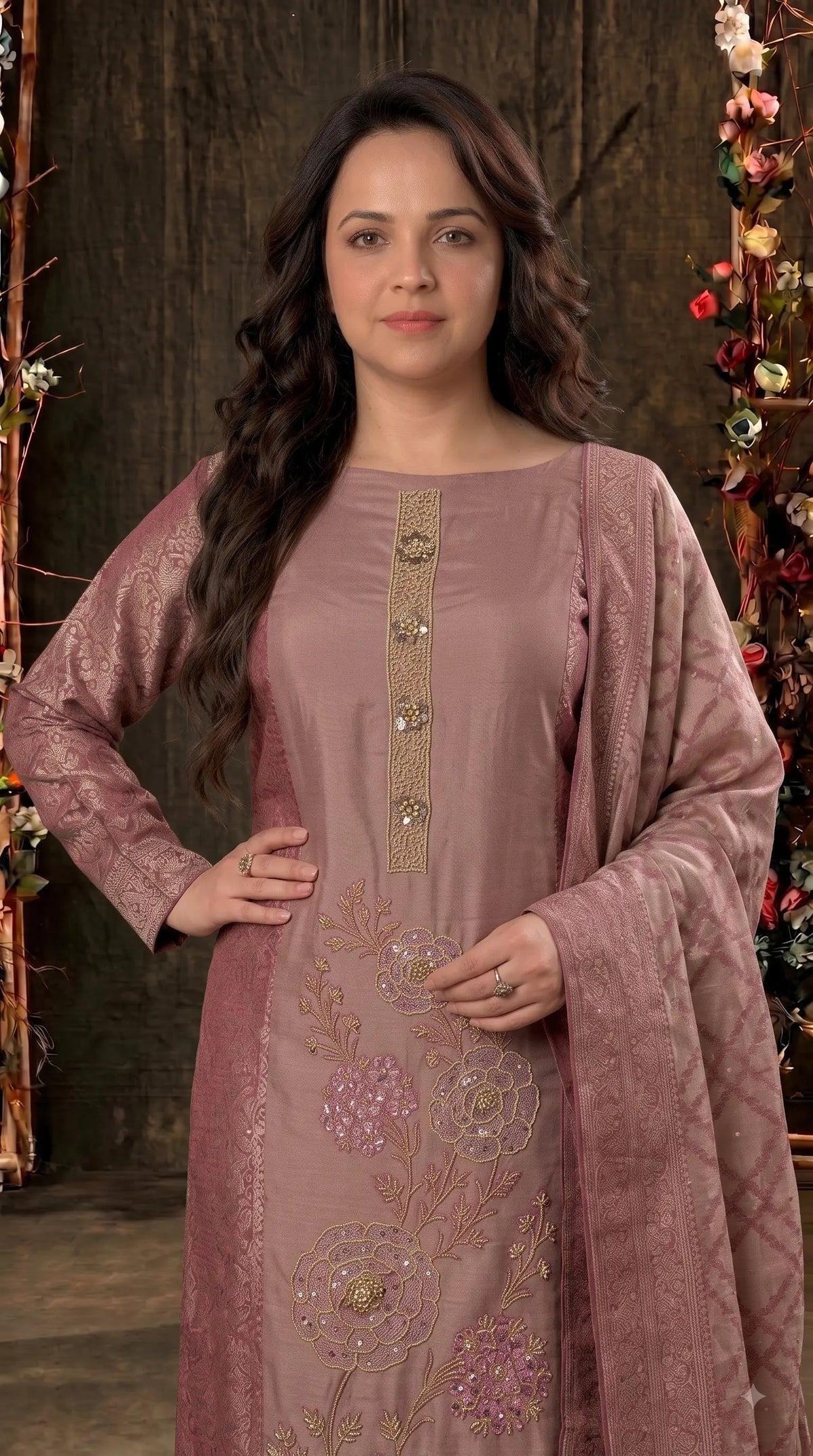 Premium Designer Dusty Rose Pink Banarasi Suit with Royal Floral Hand Work