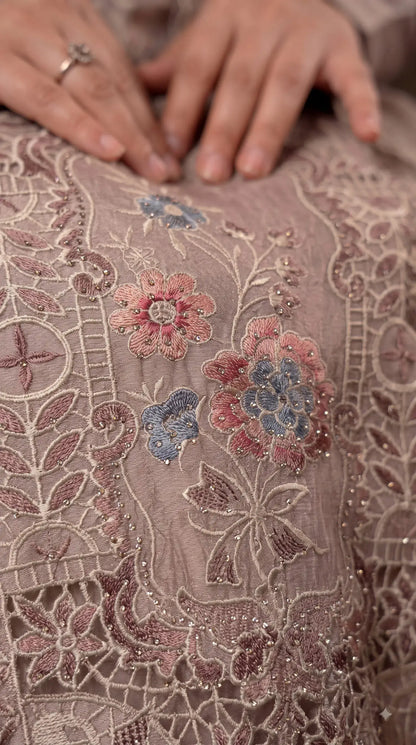Premium Designer Dusty Rose Taupe Shimmer Silk Suit with Cutwork Floral Embroidery