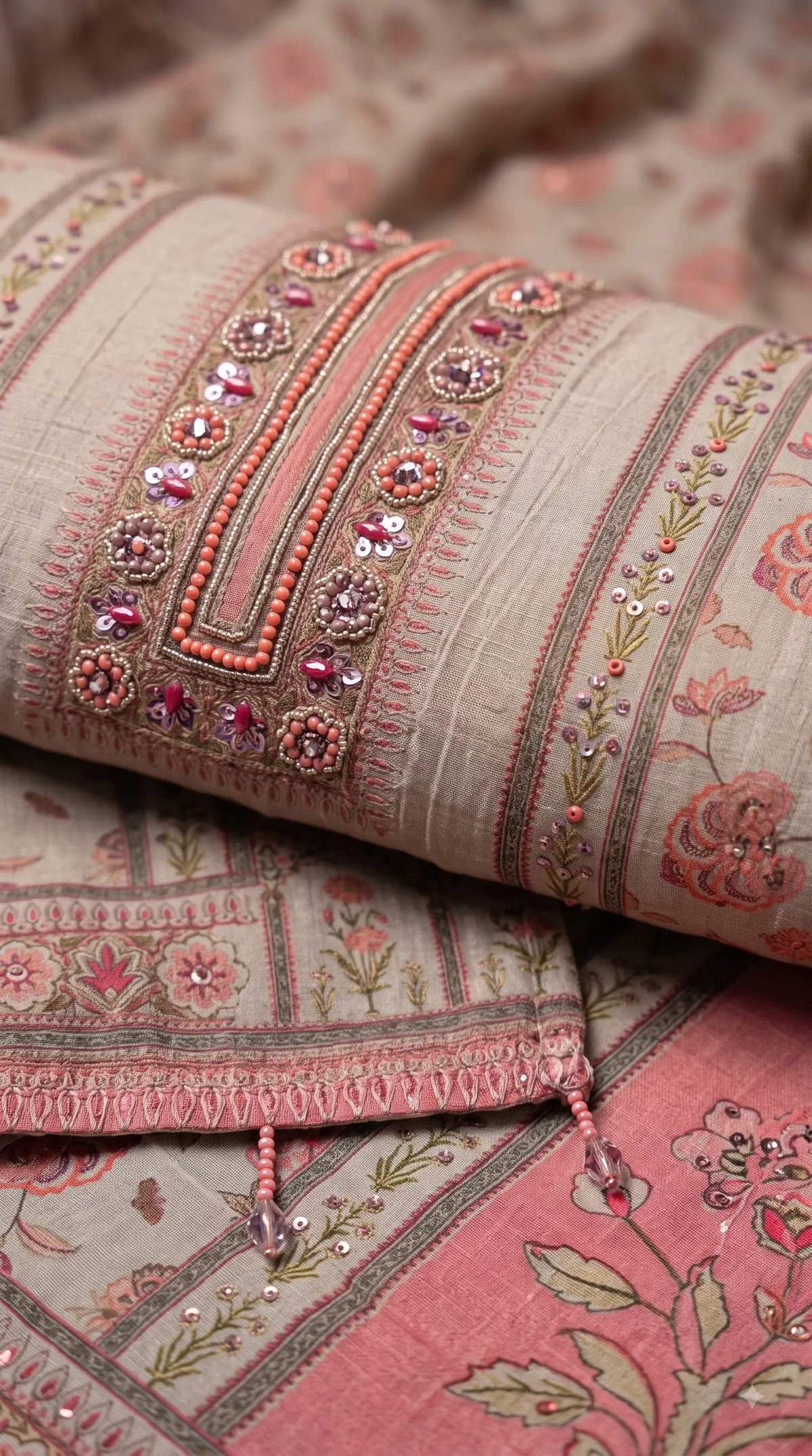 Pakistani Designer Grey Very Soft Tissue Suit with Pink Floral Pearl, Bead & Sequin Work