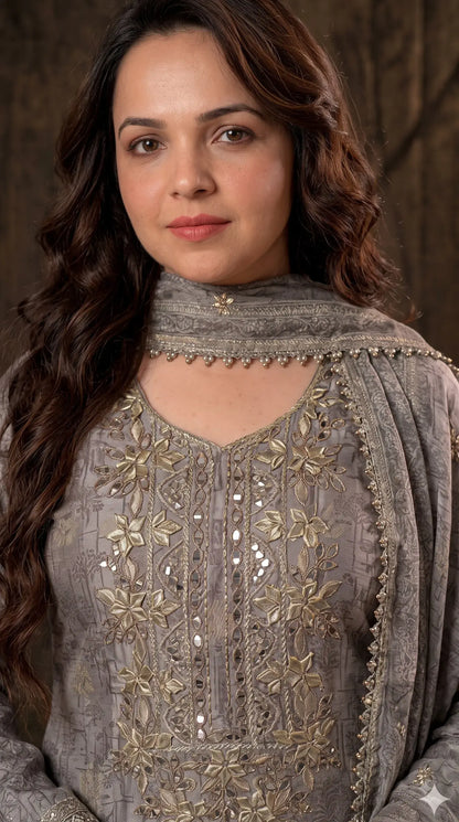 Pakistani Designer Silver Grey Banarsi Suit with Mirror & Pearl Work