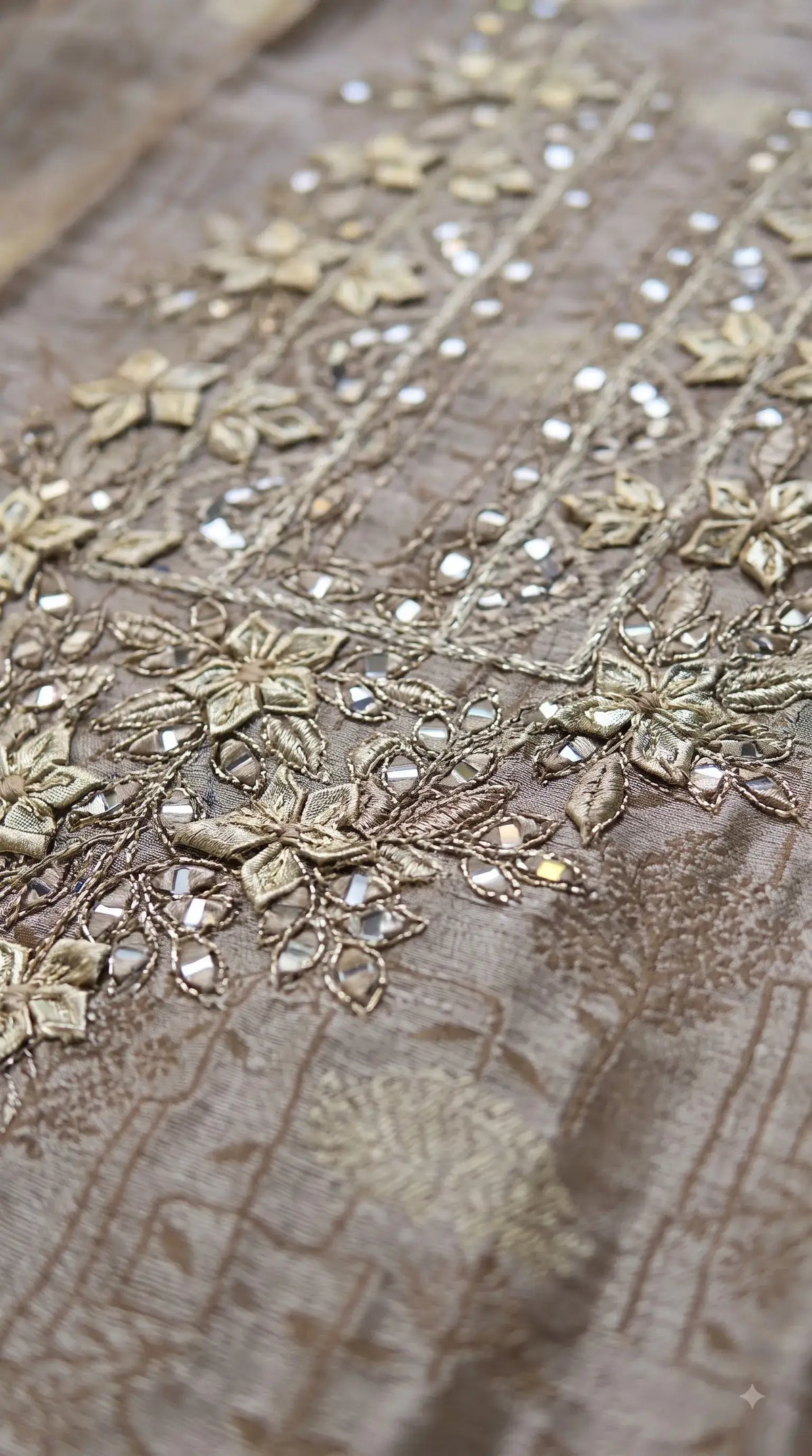 Pakistani Designer Ivory Shade Banarsi Suit with Mirror & Pearl Work