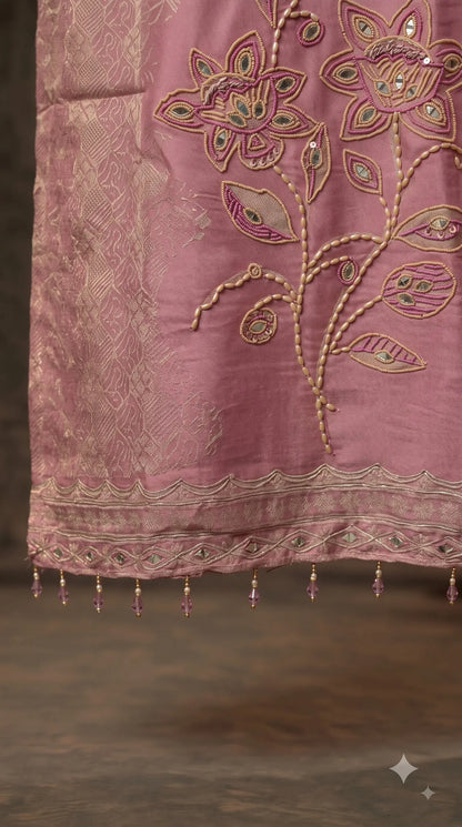Pakistani Soft Pink Banarsi Pakistani Designer Suit with Floral Embroidery, Pearl, Bead & Mirror Work