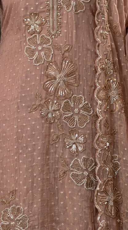 Premium Designer Blush Taupe Soft Tissue Suit with Pearl Floral Work