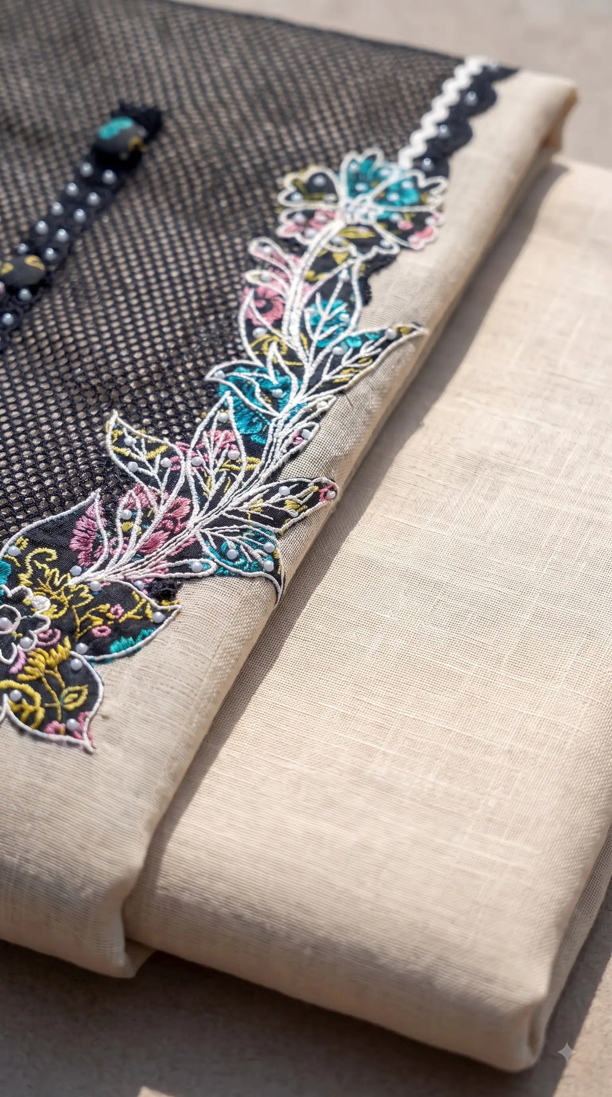 Premium Mul Designer Ivory Beige & Black Pearl-Work Floral Suit