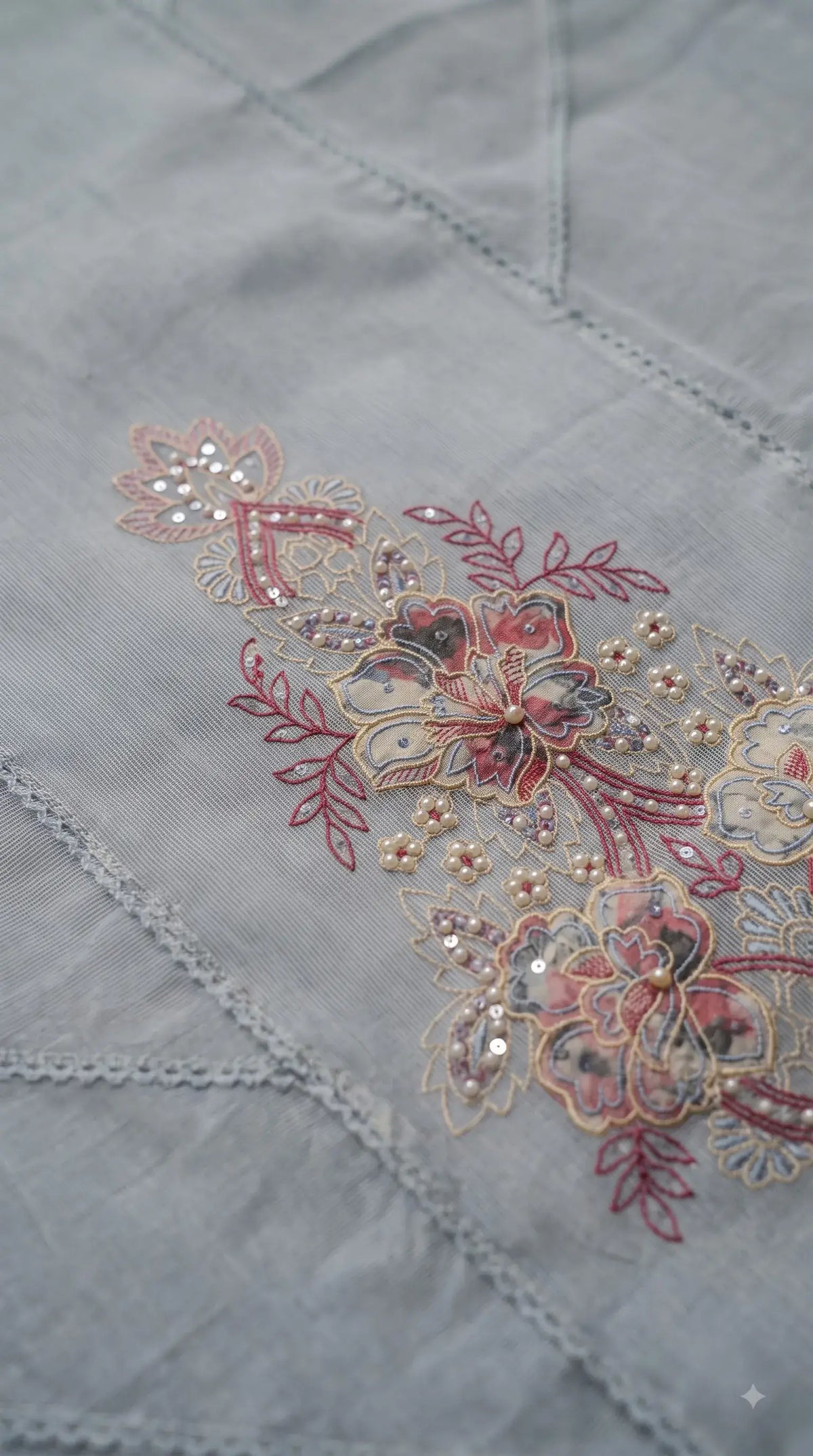 Pakistani Designer Soft Cotton Blue Suit With Floral Embroidery & Pearl Work