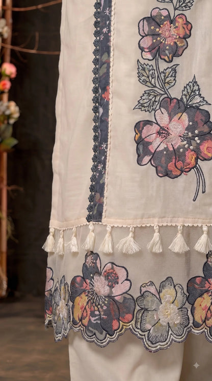 Premium Designer Off-White Soft Cotton Suit with Floral Detailing & Pearl Accents