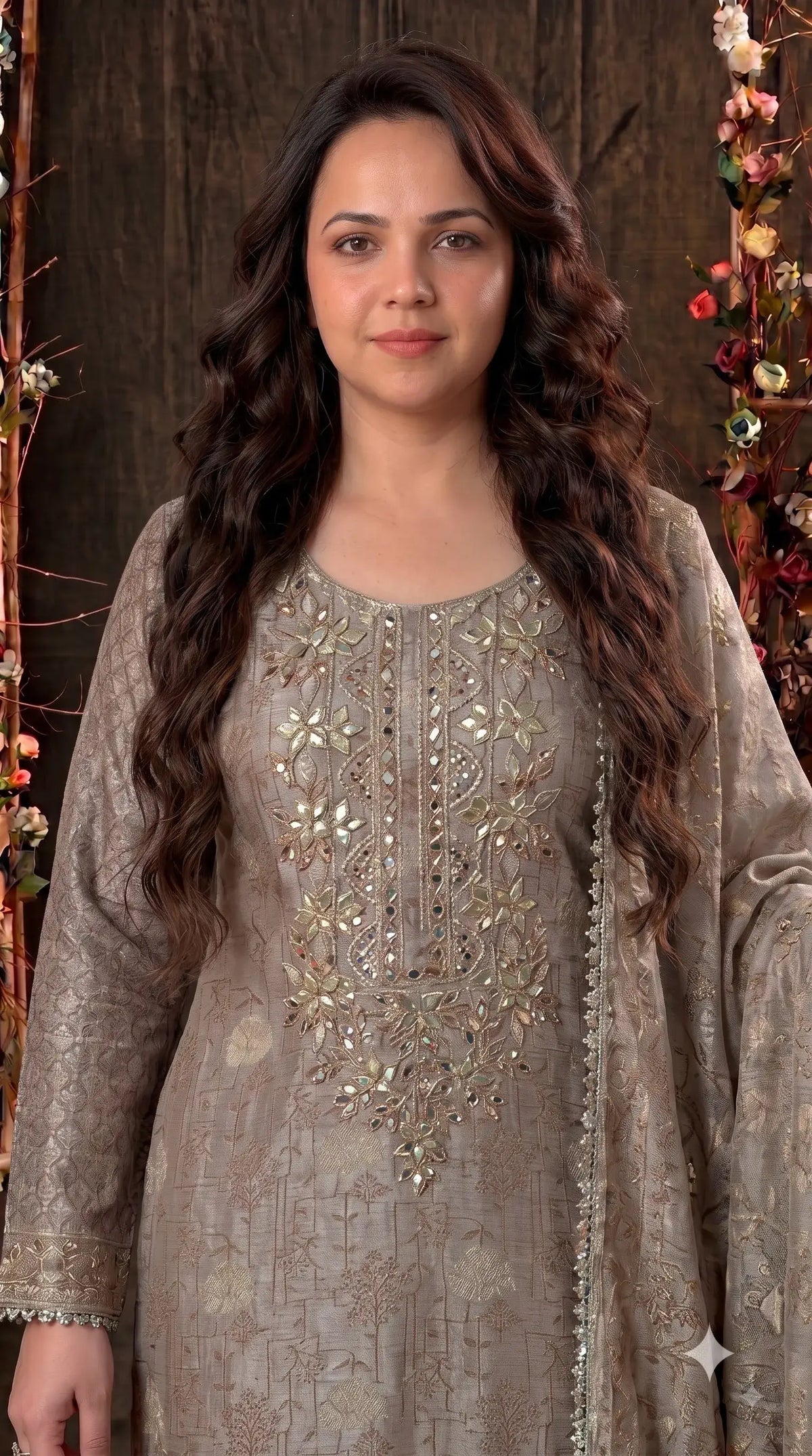 Pakistani Designer Ivory Shade Banarsi Suit with Mirror & Pearl Work