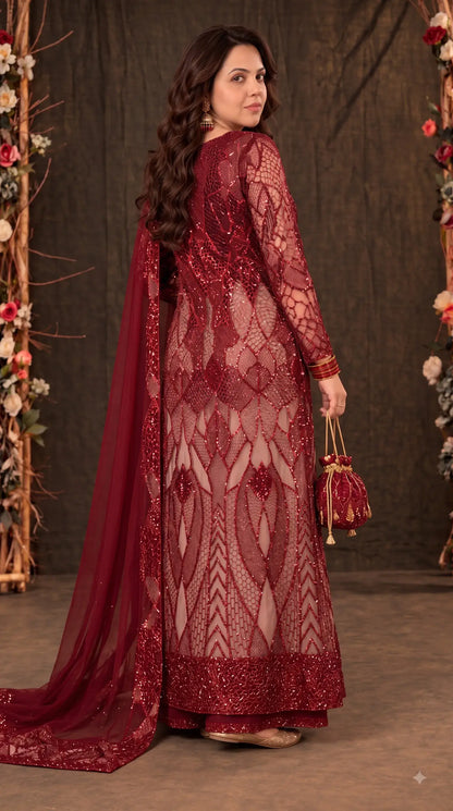 Royal Red Imported Premium Soft Net Pakistani Designer Suit with Handwork, Cut Dana, Pearl & Sequin Work