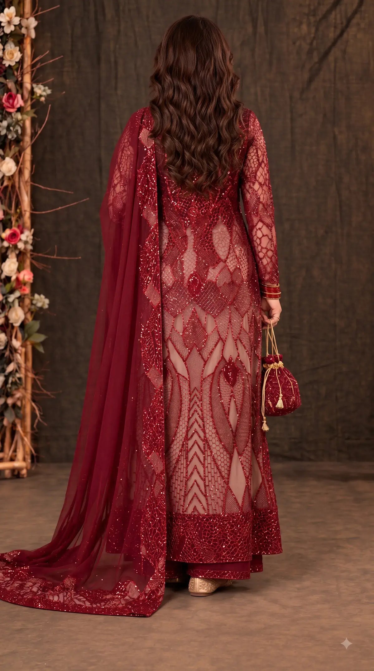 Royal Red Imported Premium Soft Net Pakistani Designer Suit with Handwork, Cut Dana, Pearl & Sequin Work