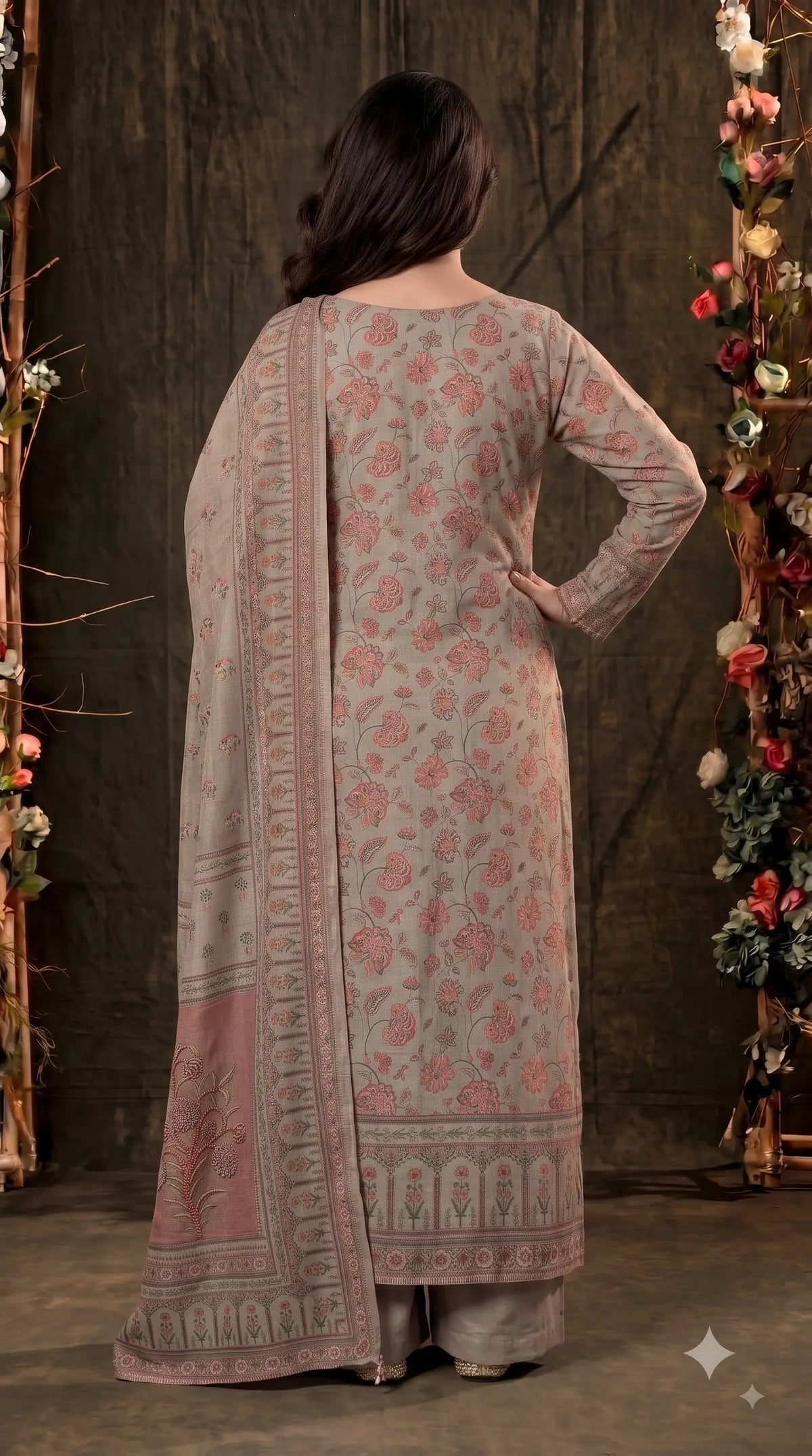Pakistani Designer Grey Very Soft Tissue Suit with Pink Floral Pearl, Bead & Sequin Work