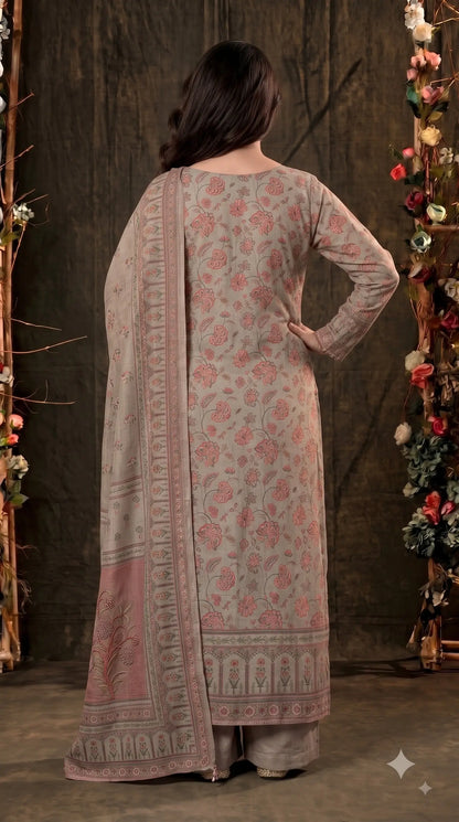 Pakistani Designer Grey Very Soft Tissue Suit with Pink Floral Pearl, Bead & Sequin Work