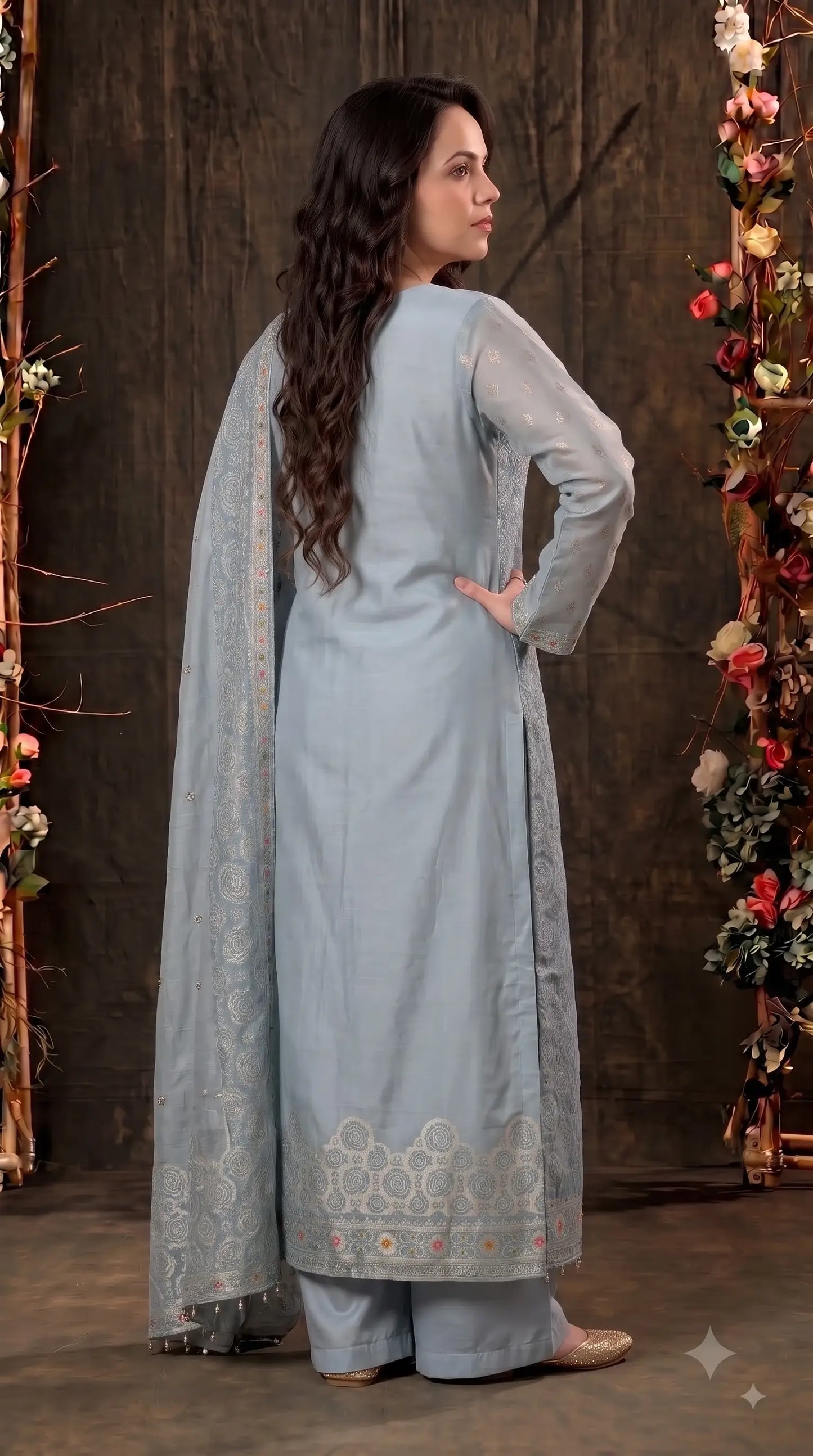 Premium Designer Sky Blue Banarsi Suit with Floral Bead & Sequin Work