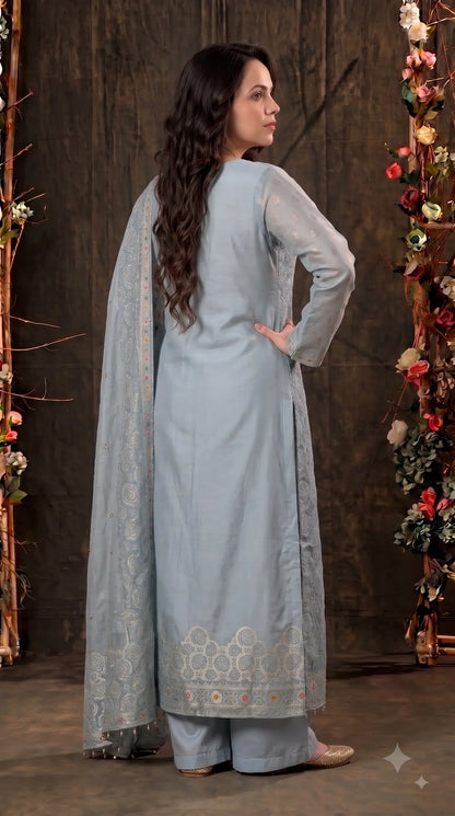 Premium Designer Sky Blue Banarsi Suit with Floral Bead & Sequin Work
