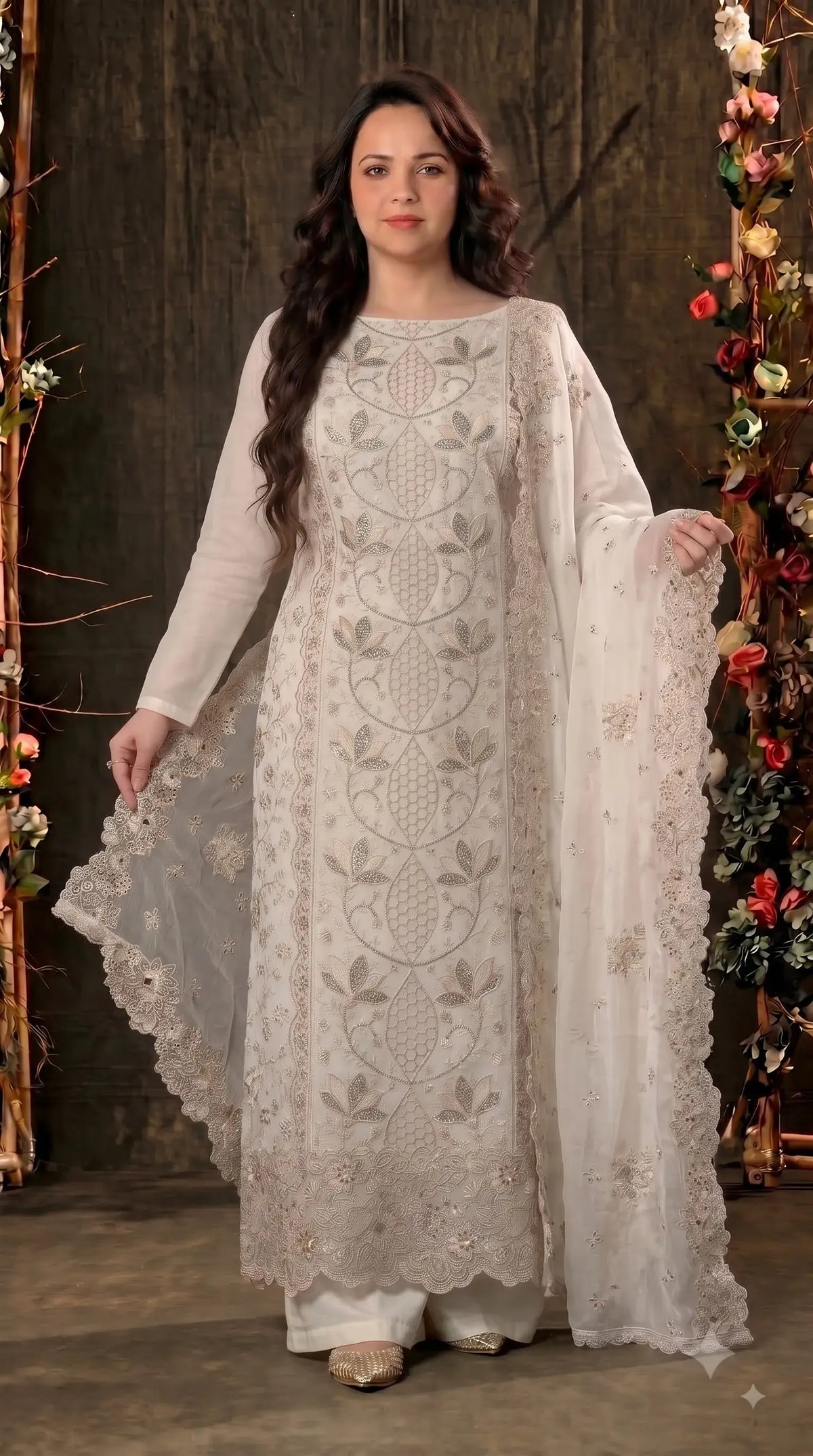 Premium Designer White Marble Chiffon Suit with Intricate Cutwork, Crystal & Floral Embroidery