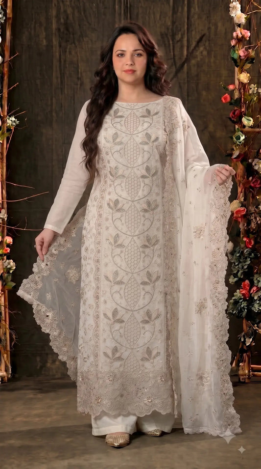 Premium Designer White Marble Chiffon Suit with Intricate Cutwork, Crystal & Floral Embroidery