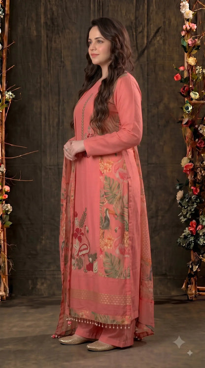 Premium Designer Soft Coral Pink Suit in Soft Shimmer Fabric