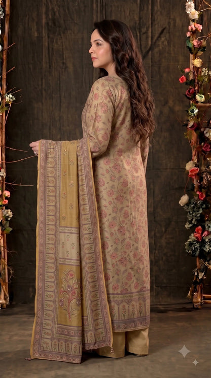 Premium Designer Beige-Gold Very Soft Tissue Suit with Pink Floral Pearl, Bead & Sequin Work