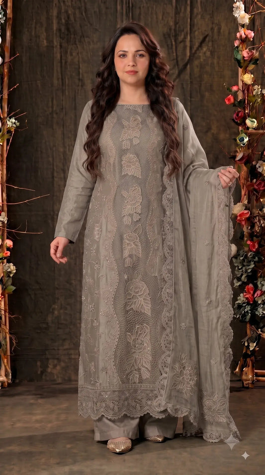 Premium Designer Stone Grey Soft Tissue Suit with Intricate Cutwork & Floral Embroidery