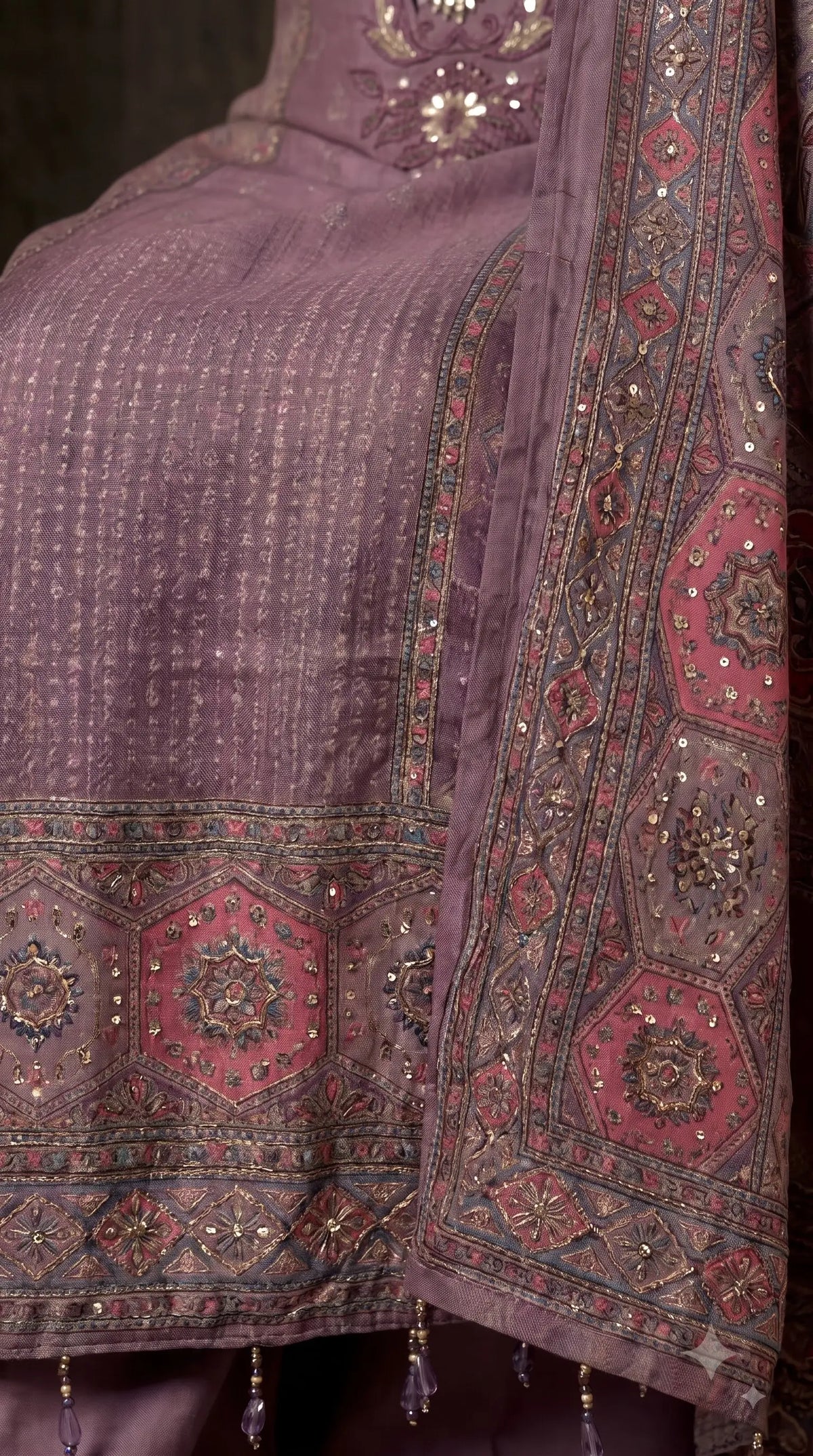 Premium Designer Dusty Purple Soft Tissue Suit with Pearl, Sequin & Stone Work