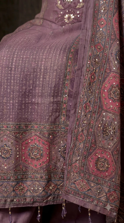 Premium Designer Dusty Purple Soft Tissue Suit with Pearl, Sequin & Stone Work