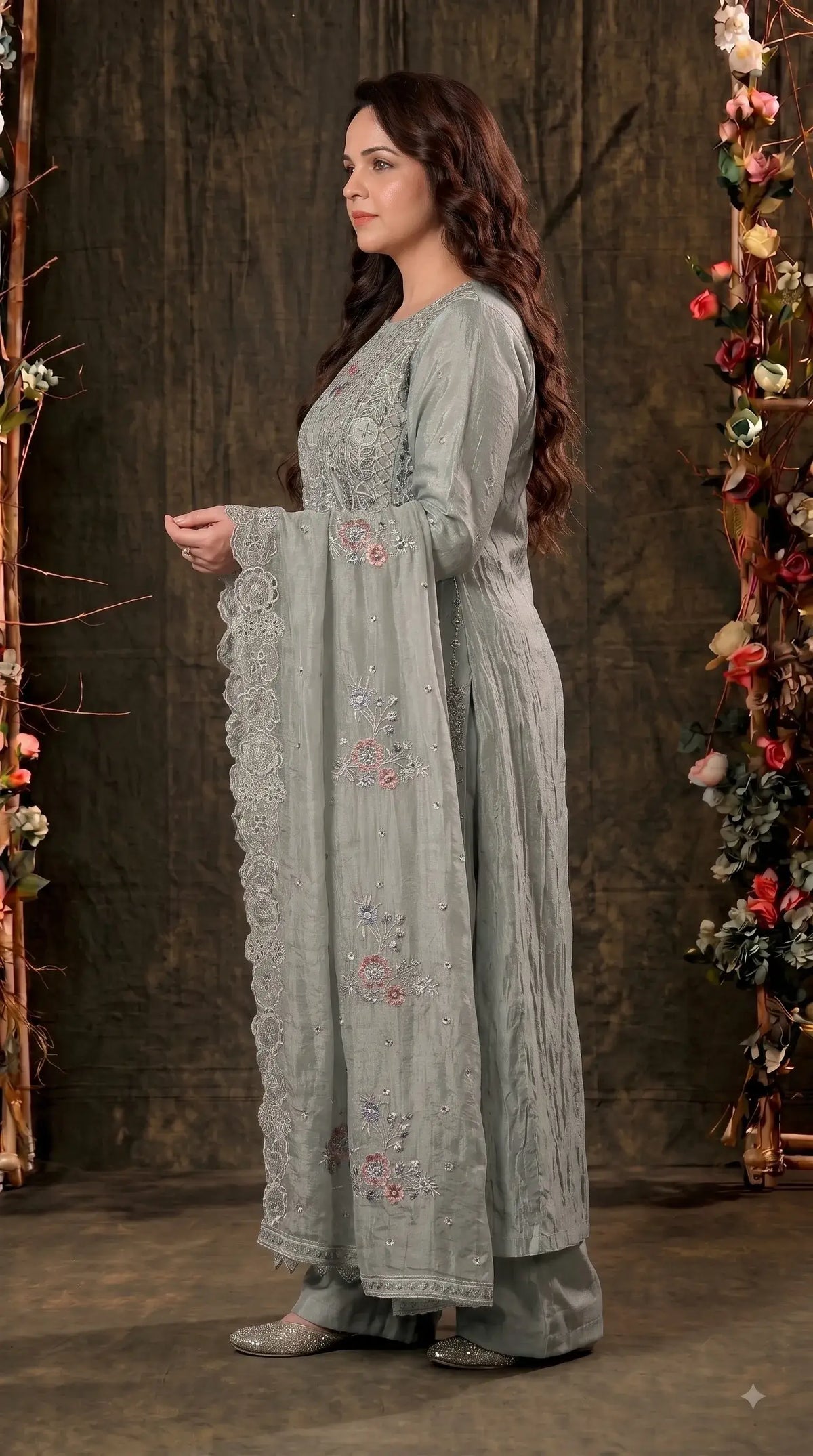 Premium Designer Sage Green Shimmer Silk Suit with Cutwork & Floral Embroidery
