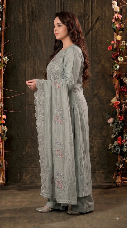 Premium Designer Sage Green Shimmer Silk Suit with Cutwork & Floral Embroidery