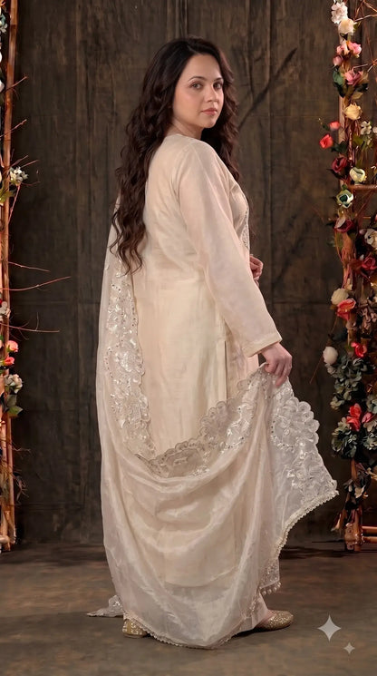 Premium Designer Ivory Soft Tissue Pakistani Suit with Mirror, Pearl & Floral Work