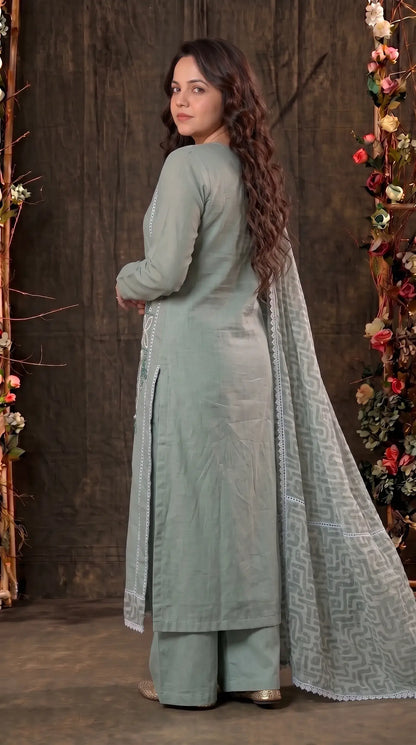Sage Green Cotton Suit with Embroidered Panel & Printed Dupatta
