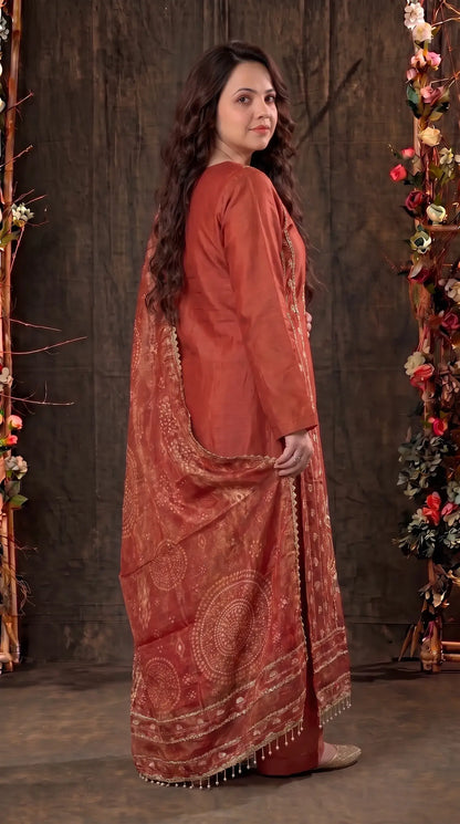 Premium Designer Rust Tissue Suit with Hand-Beaded Embroidery