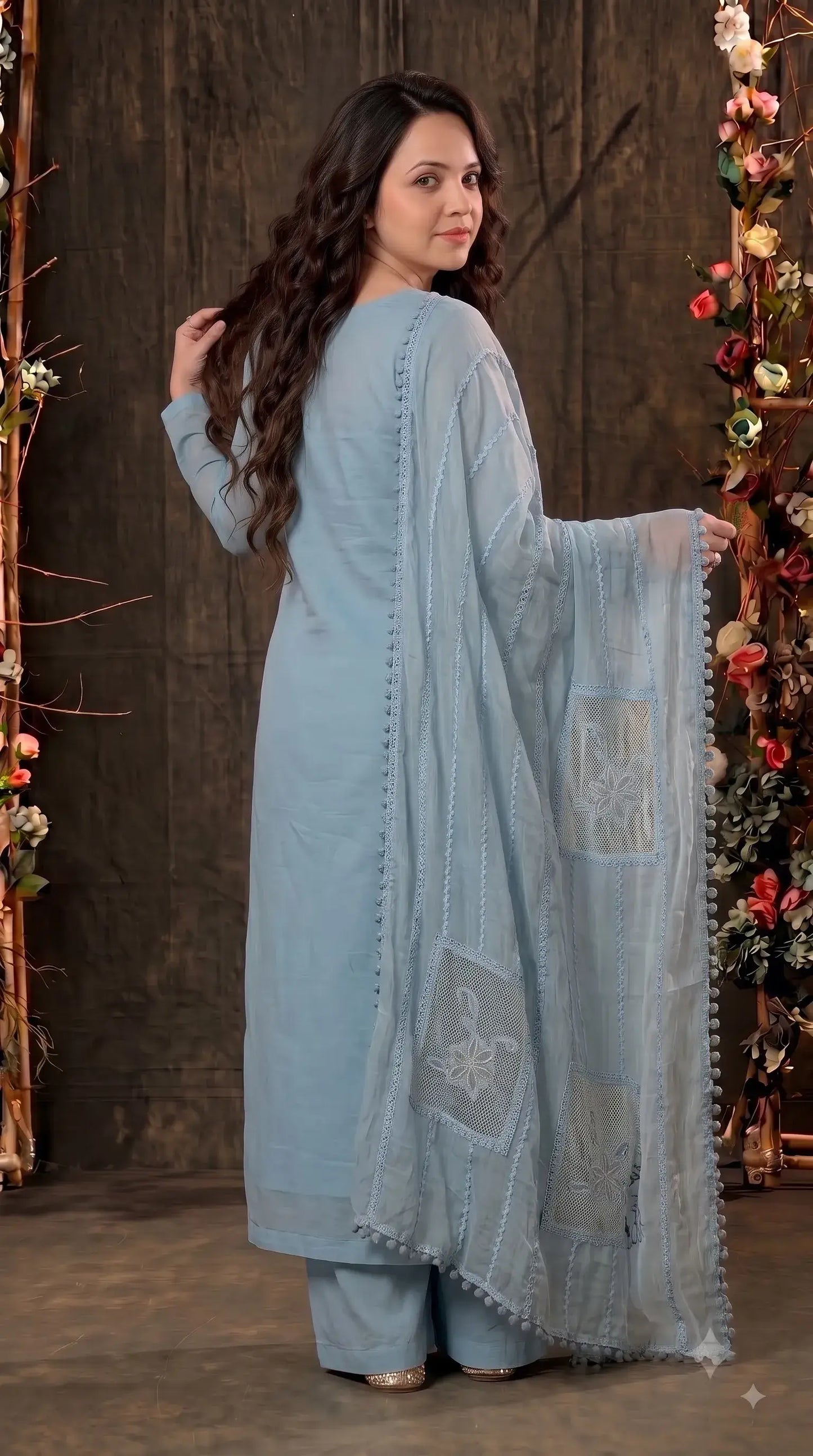 Premium Designer Powder Blue Soft Mul Pakistani Suit with Pearl Tassel Work