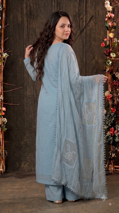 Premium Designer Powder Blue Soft Mul Pakistani Suit with Pearl Tassel Work