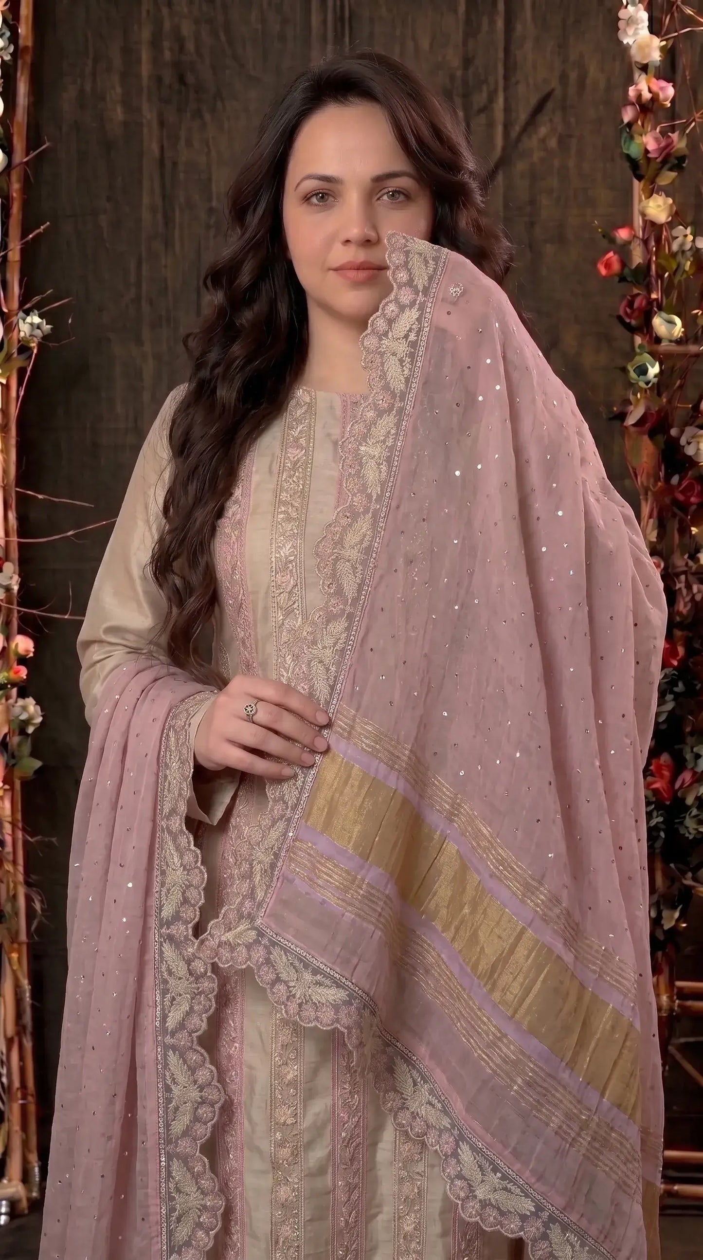 Premium Designer Beige & Blush Pink Tissue Suit