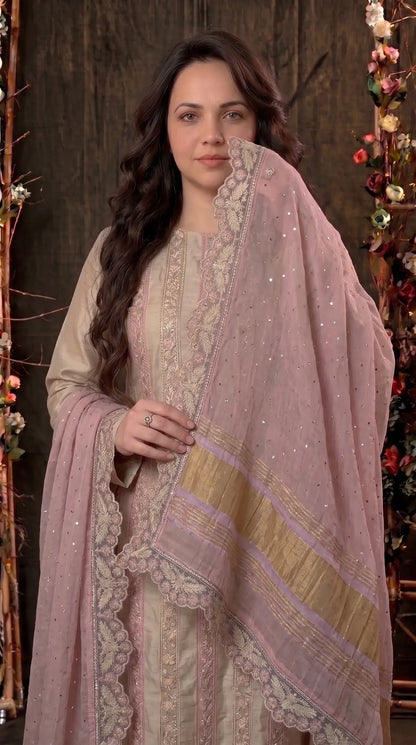 Premium Designer Beige & Blush Pink Tissue Suit