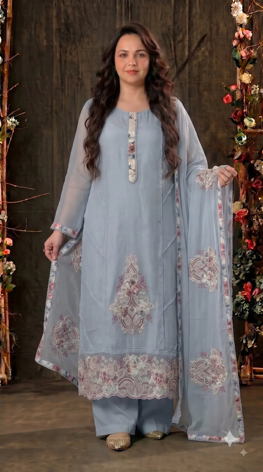 Premium Cotton Designer Sky Blue Floral Embroidered Suit with Pearl Handwork