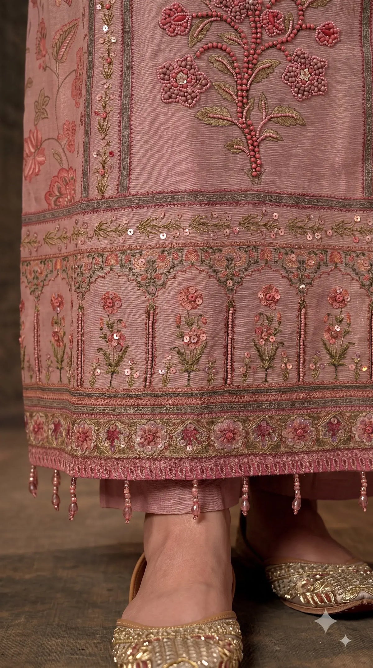 Pakistani Designer Pink Very Soft Tissue Suit with Pink Floral Pearl, Bead & Sequin Work
