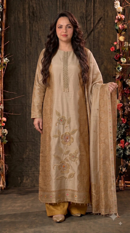 Pakistani Designer Yellow Banarsi Suit with Floral Bead & Sequin Work