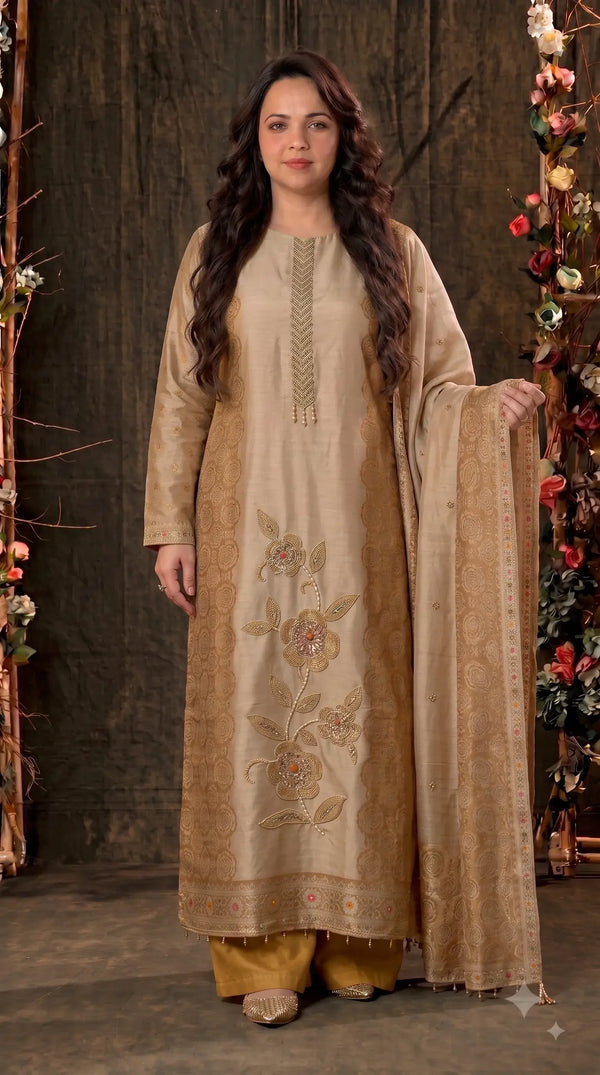 Pakistani Designer Yellow Banarsi Suit with Floral Bead & Sequin Work
