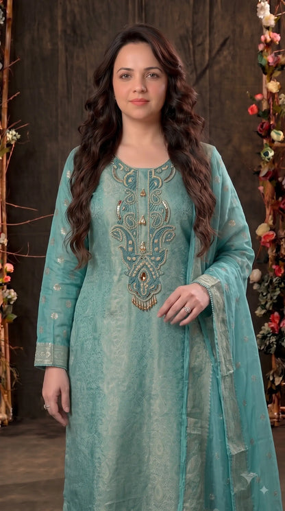 Premium Designer Aqua Turquoise Tulfi Texture Suit with Bead & Paisley