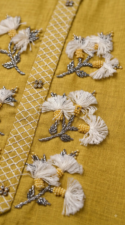 Pakistani Designer Mustard Yellow Pure Handloom Cotton Suit with 3D Floral Handwork, Thread & Pearl Detailing